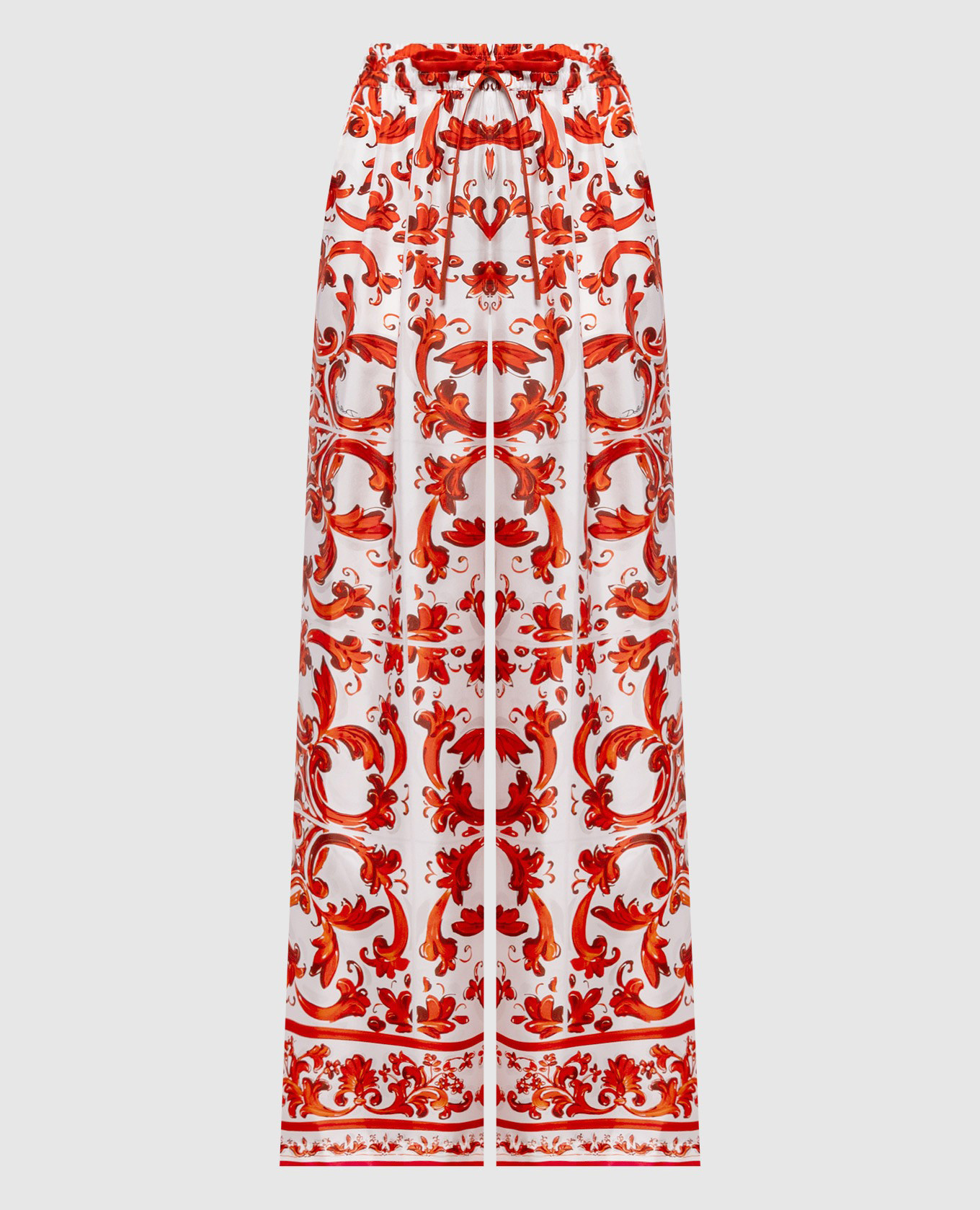 White silk pants with branded print