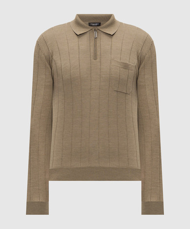 Khaki wool and silk polo shirt