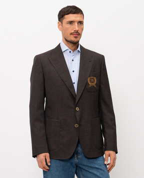 Dolce&Gabbana Brown wool blazer with embroidered monogram logo G2TF4ZHU2BO