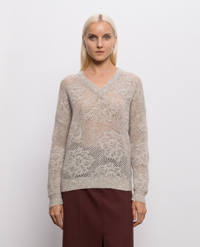 Brunello Cucinelli Gray openwork pullover with sequins MFA790102