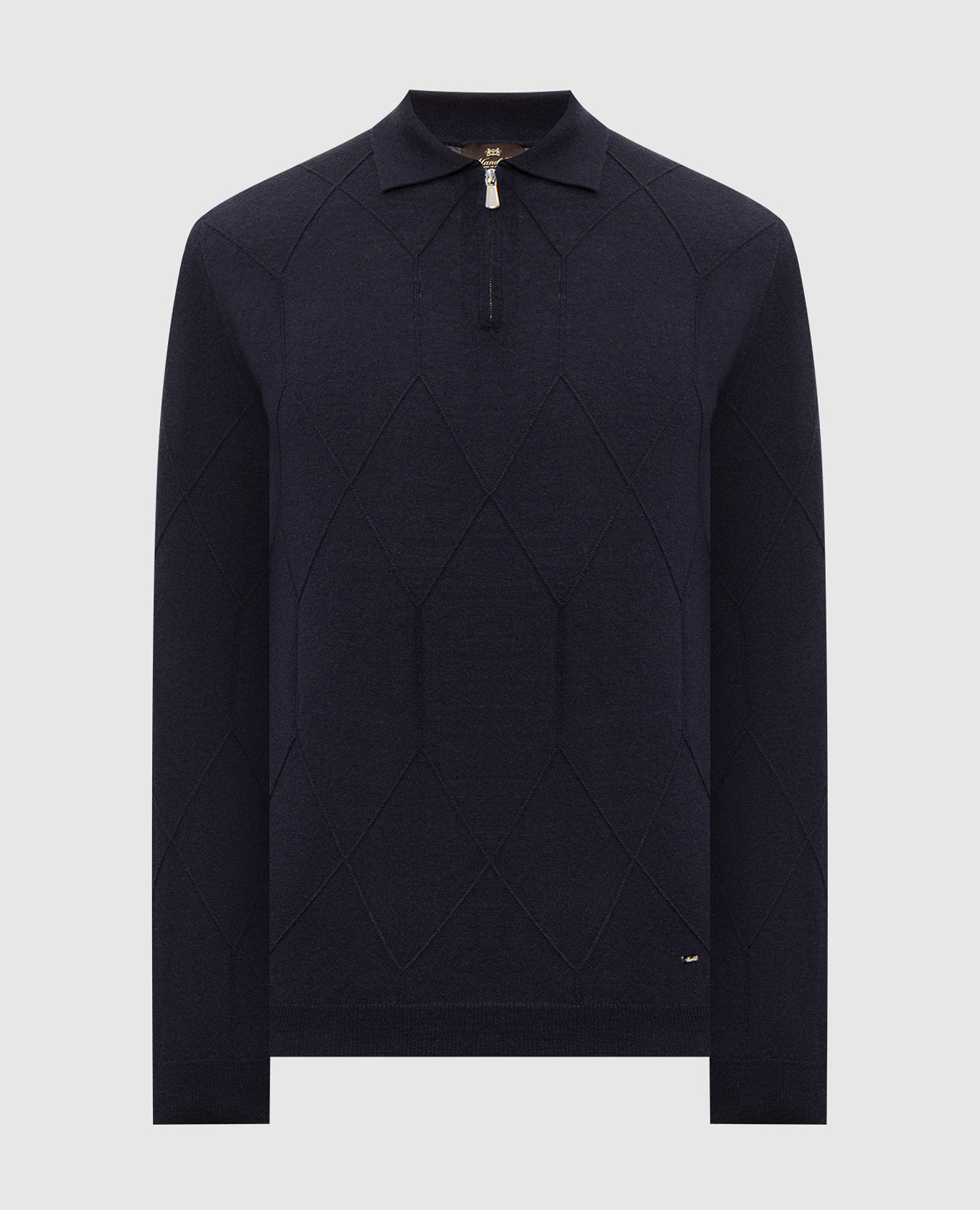 Blue wool polo shirt with geometric pattern
