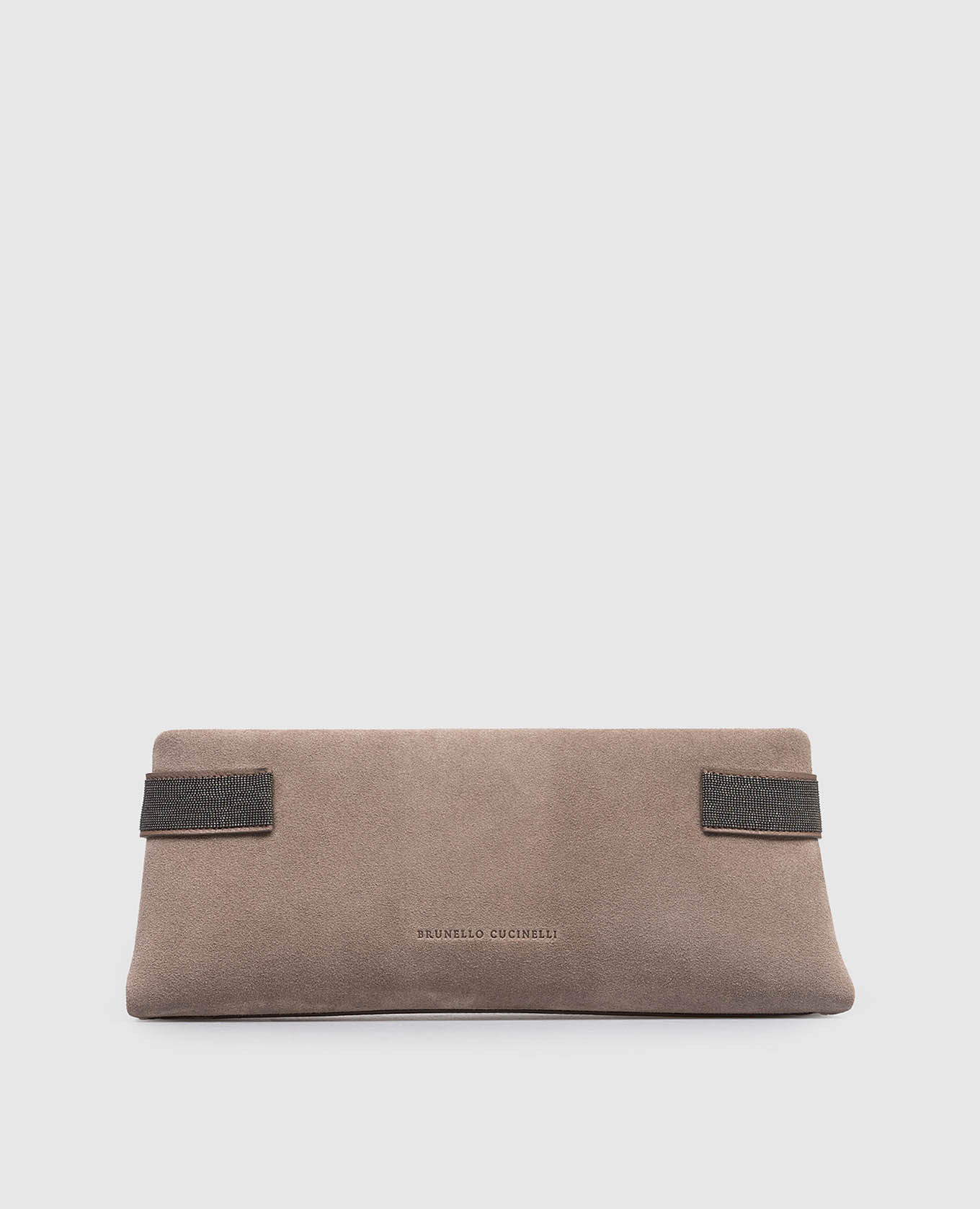 Beige suede clutch with monil chain