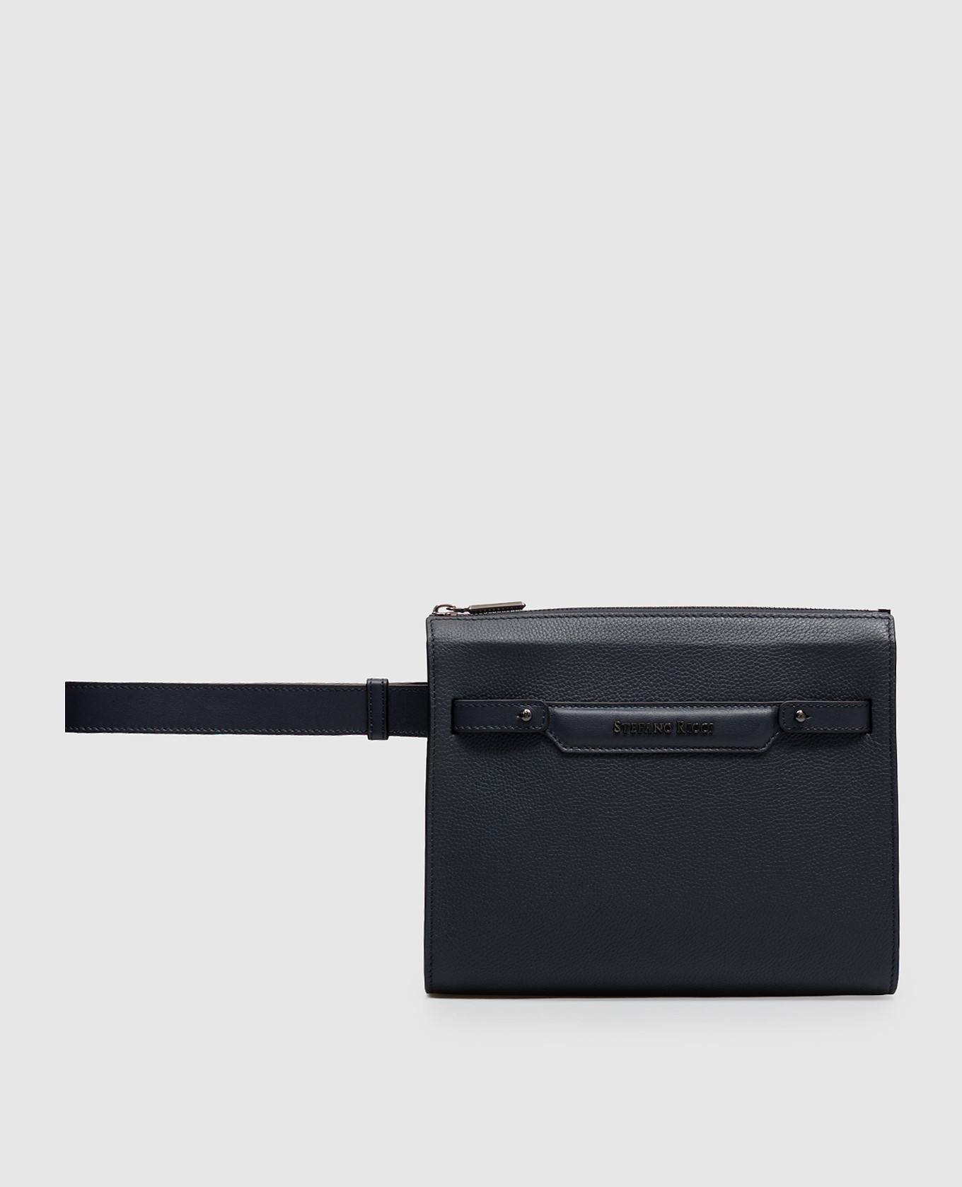 Blue leather clutch with metal logo