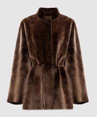 Brown reversible sheepskin coat with drawstring