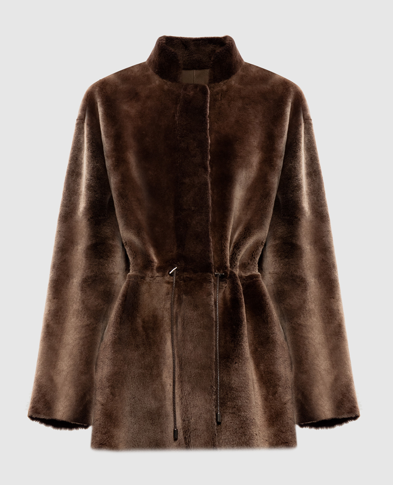 Brown reversible sheepskin coat with drawstring