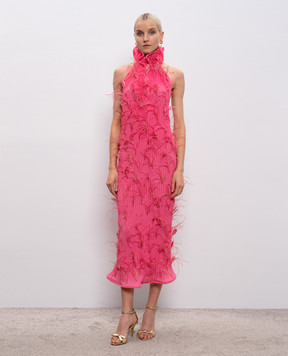 Rowen Rose Pink pleated dress with open back and feathers DRSRR447V2