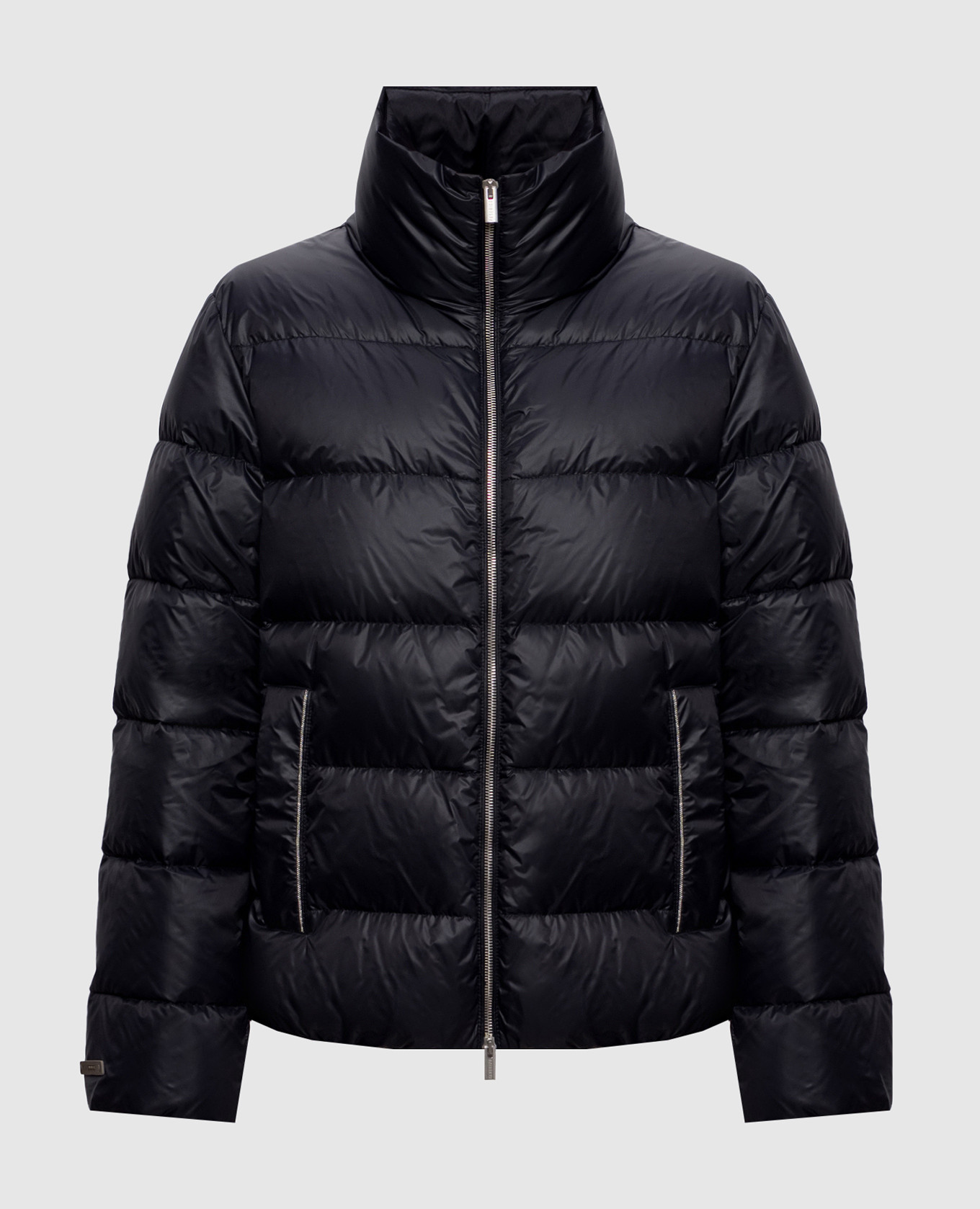 Blue quilted down jacket with monil chain