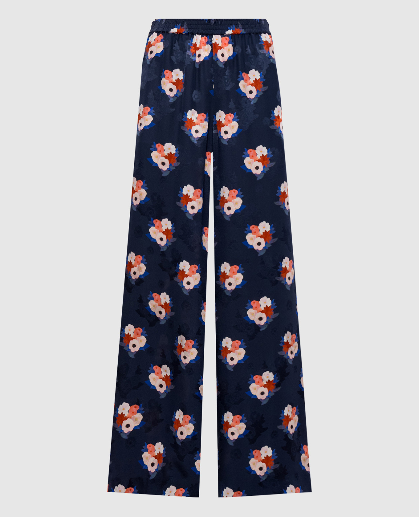 Blauwe zijden broek met bloemenprint