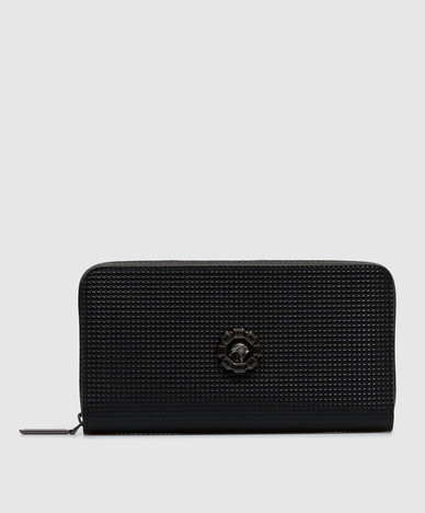 Black leather wallet with textured emblem
