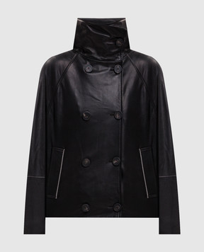 Peserico Black leather double-breasted jacket with monil chain A21075C03CC585