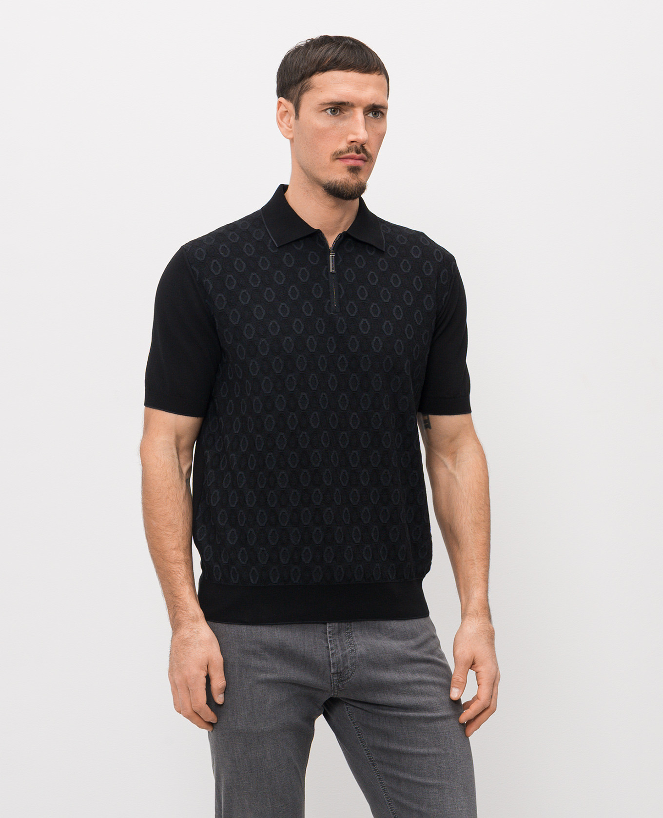 

Black polo shirt with patterned silk Stefano Ricci