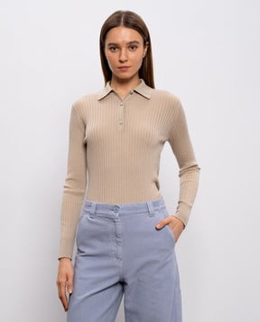 Max Mara GITANO beige ribbed cashmere and silk polo shirt MXPGITANO