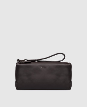 Ermenegildo Zegna Brown leather toiletry bag with logo BAGsh