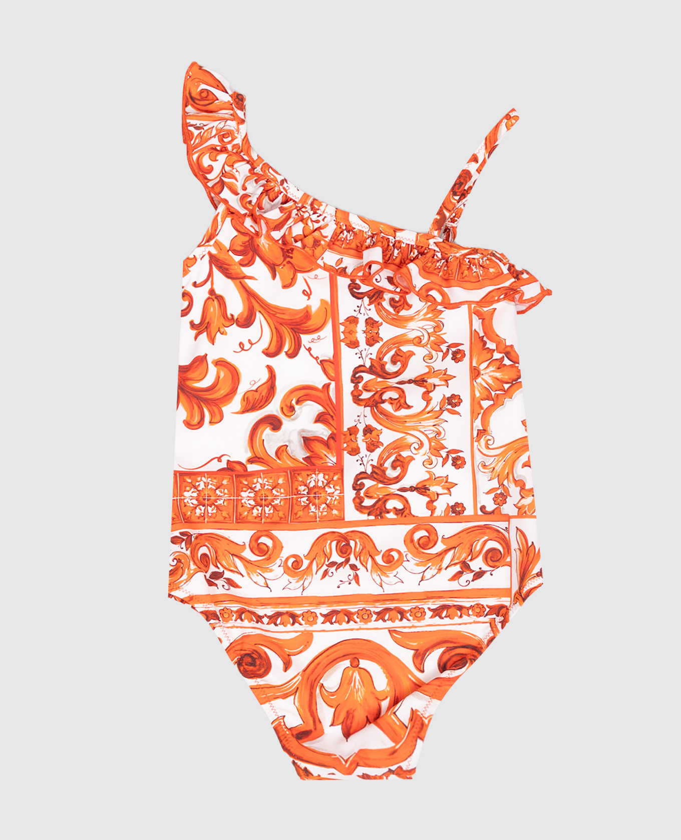 

Children's swimsuit with Majolica print and ruffles Dolce&Gabbana, White