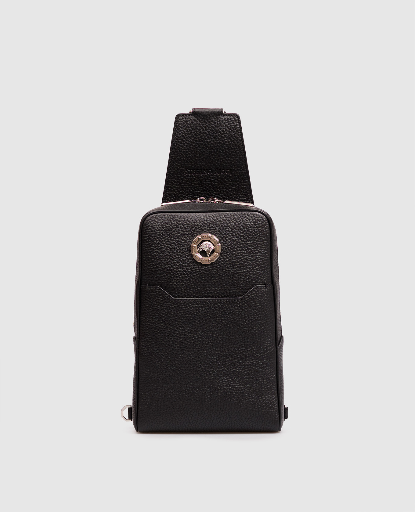 Black leather sling bag with emblem