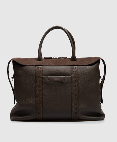 Brown leather briefcase with logo print