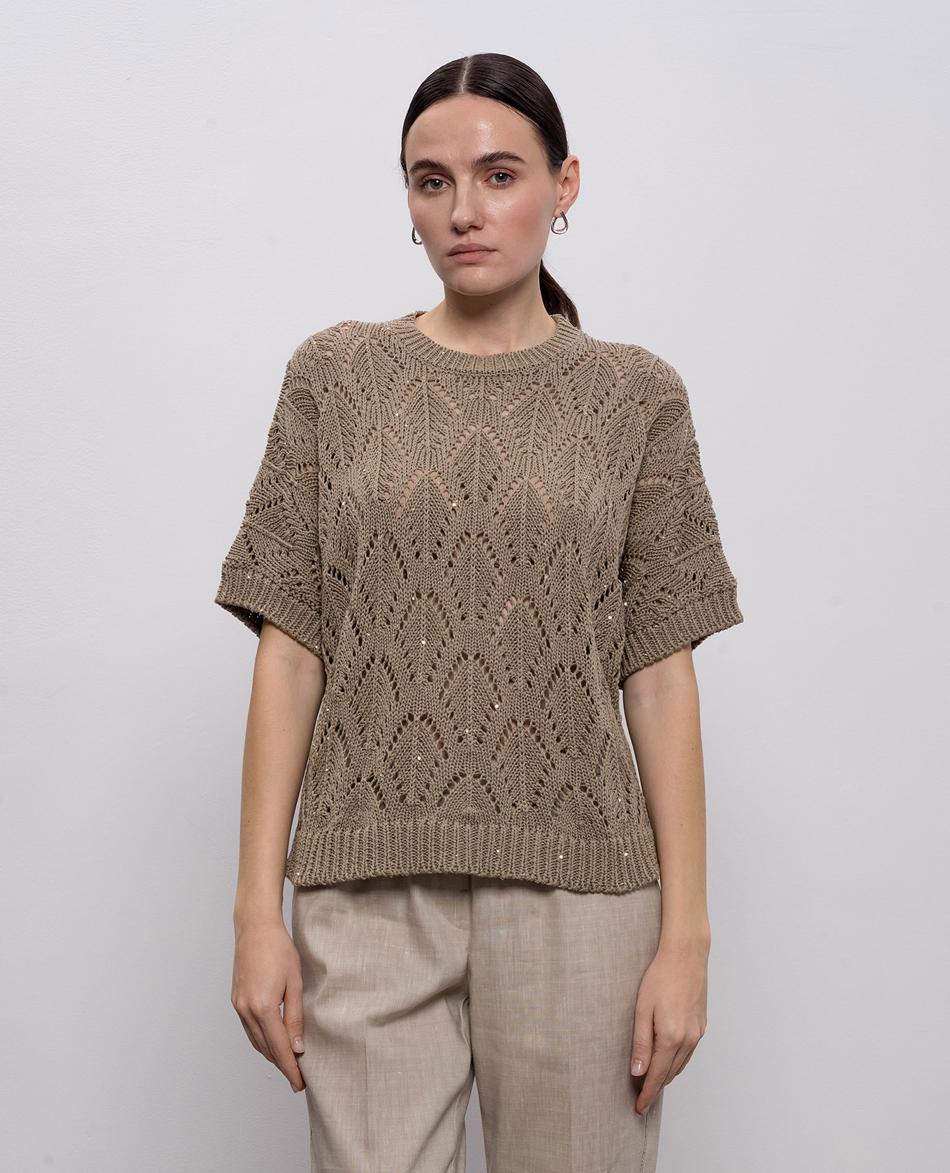 

Khaki openwork top with sequins Peserico