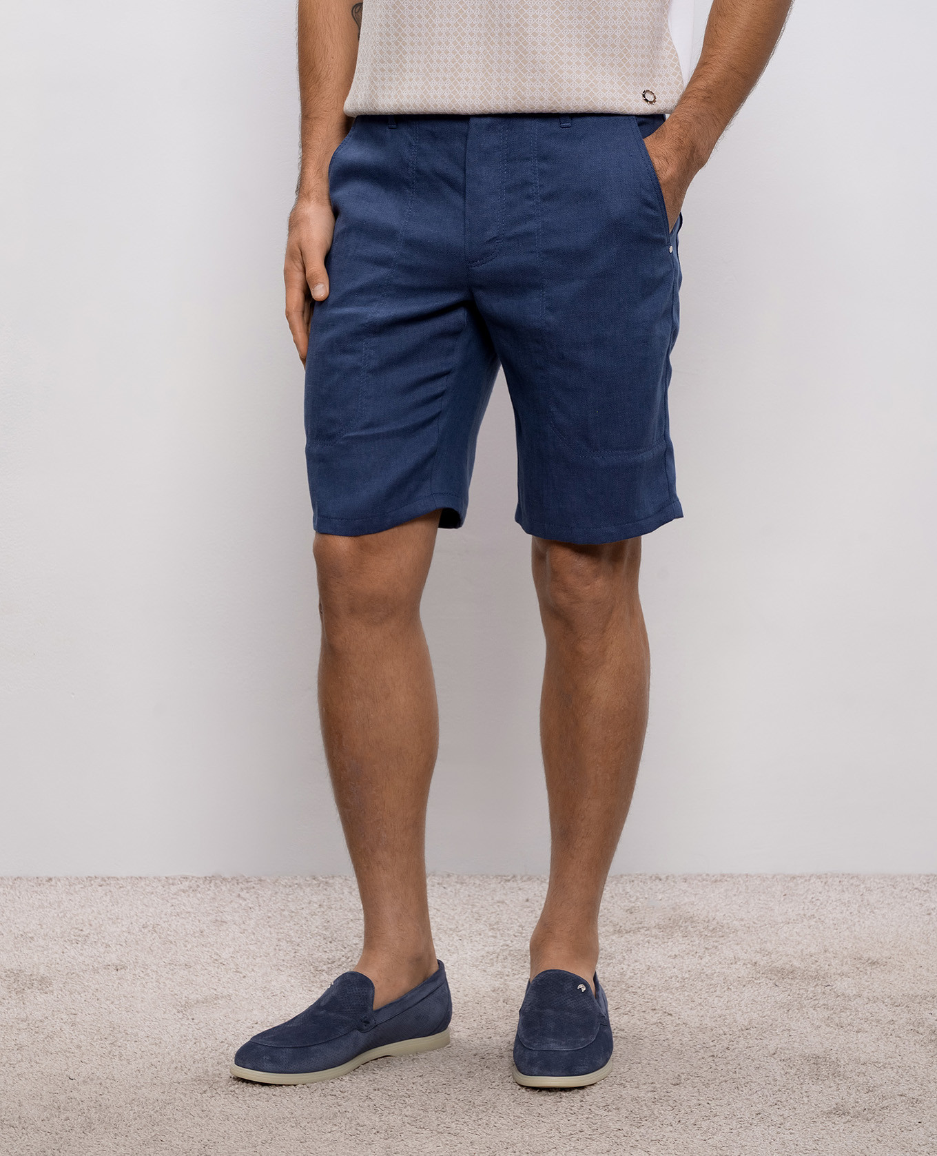 

Blue linen and silk shorts with logo patch Stefano Ricci