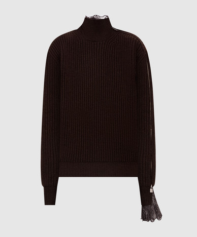 Brown wool sweater with lace