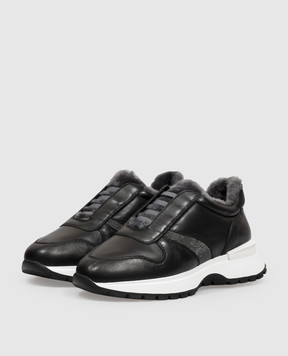 Doucal's Black leather sneakers with fur trim DD8931WHINPM872
