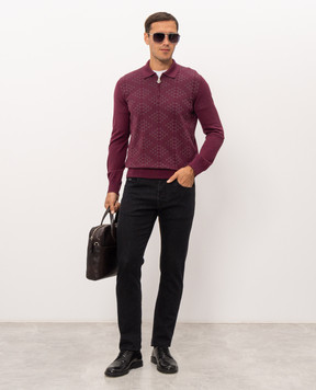 Stefano Ricci Burgundy cashmere and silk polo shirt with geometric pattern K808113P30F26378