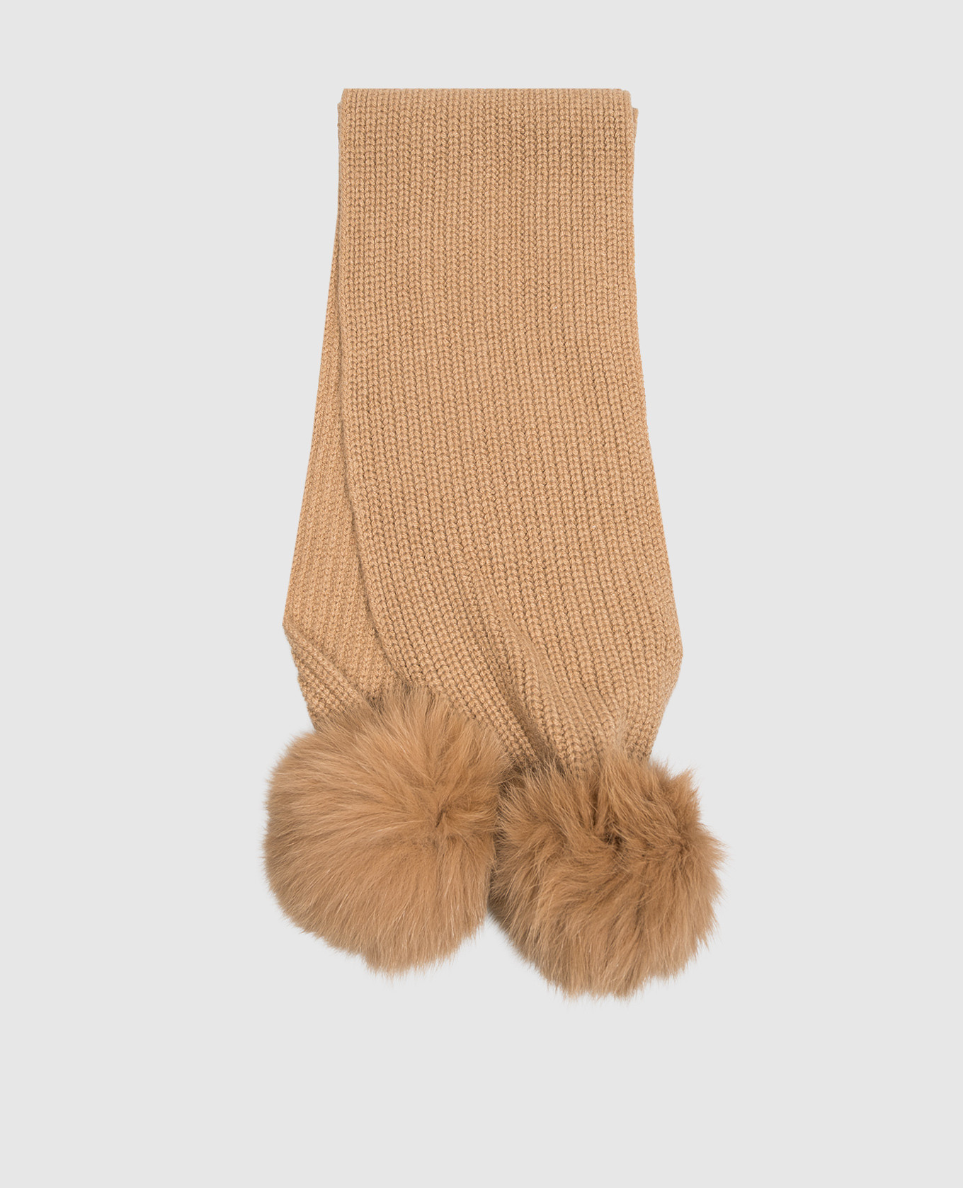 Children's brown cashmere scarf with fox fur pompoms
