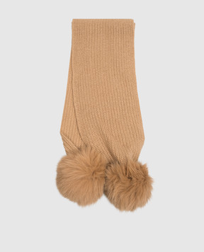 Yves Salomon Enfant Children's brown cashmere scarf with fox fur pompoms 24WEA011XXCARD