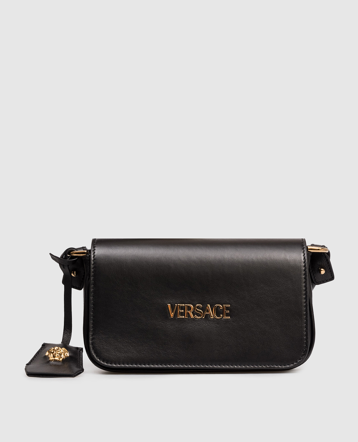 

Black leather messenger bag with logo Versace