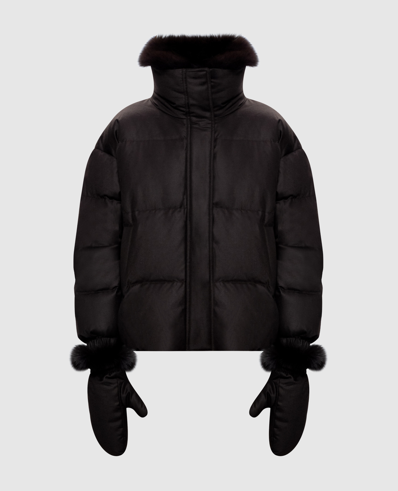 Brown wool and silk down jacket with fox fur
