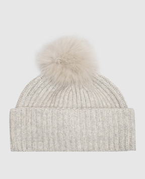 Yves Salomon Gray cashmere hat with fox fur pompom 23WAA524XXMACA