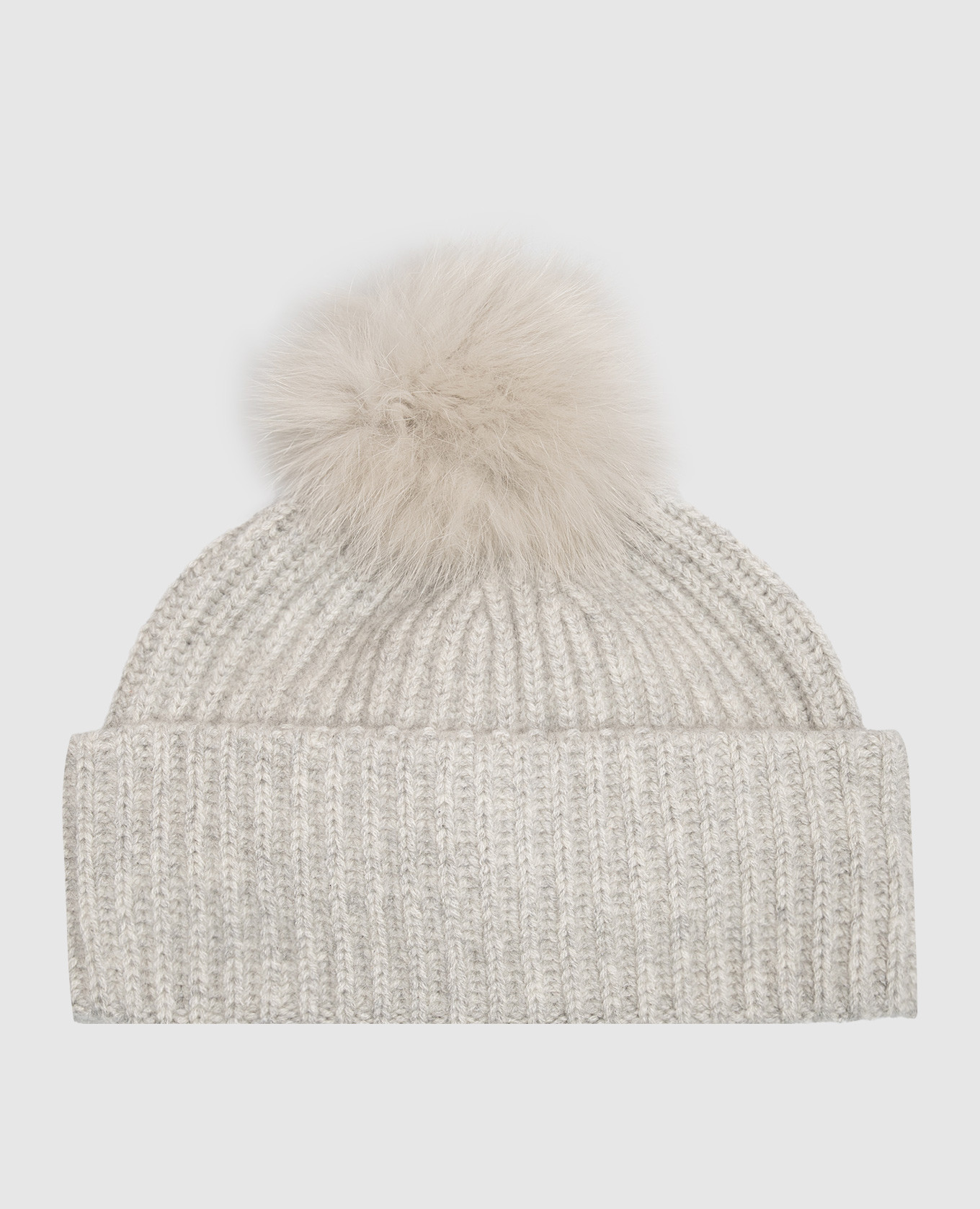 Gray cashmere hat with fox fur pompom