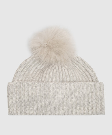 Gray cashmere hat with fox fur pompom