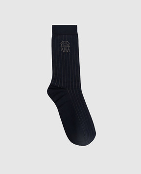 Brunello Cucinelli Blue striped socks with logo MCS93561