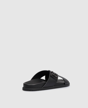 Dolce&Gabbana Black leather flip-flops with textured monogram logo A80525A9Q67