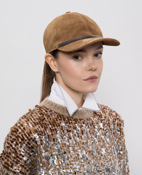 Brunello Cucinelli Brown suede cap with monil chain MCAP9F151