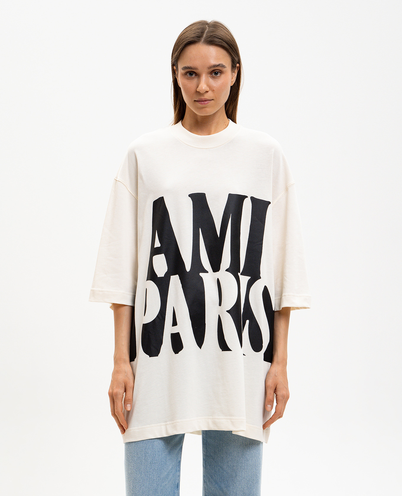 

Ivory straight-cut T-shirt with contrast logo Ami Paris, Beige