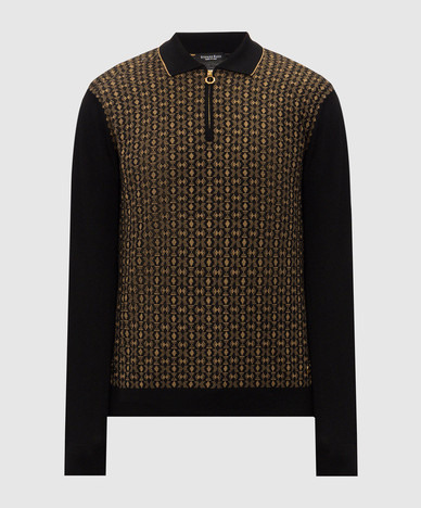 Black wool and silk patterned polo shirt