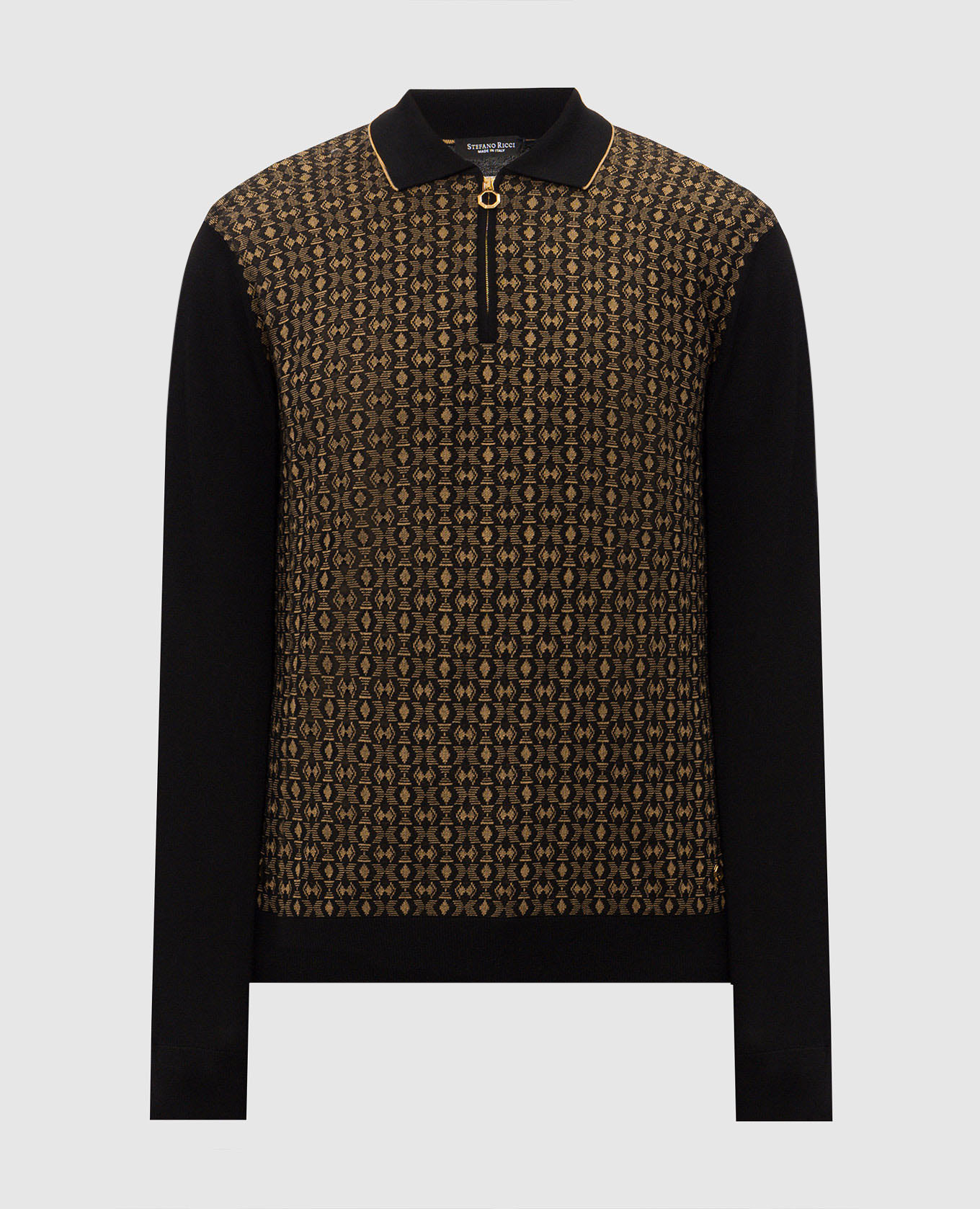 Black wool and silk patterned polo shirt