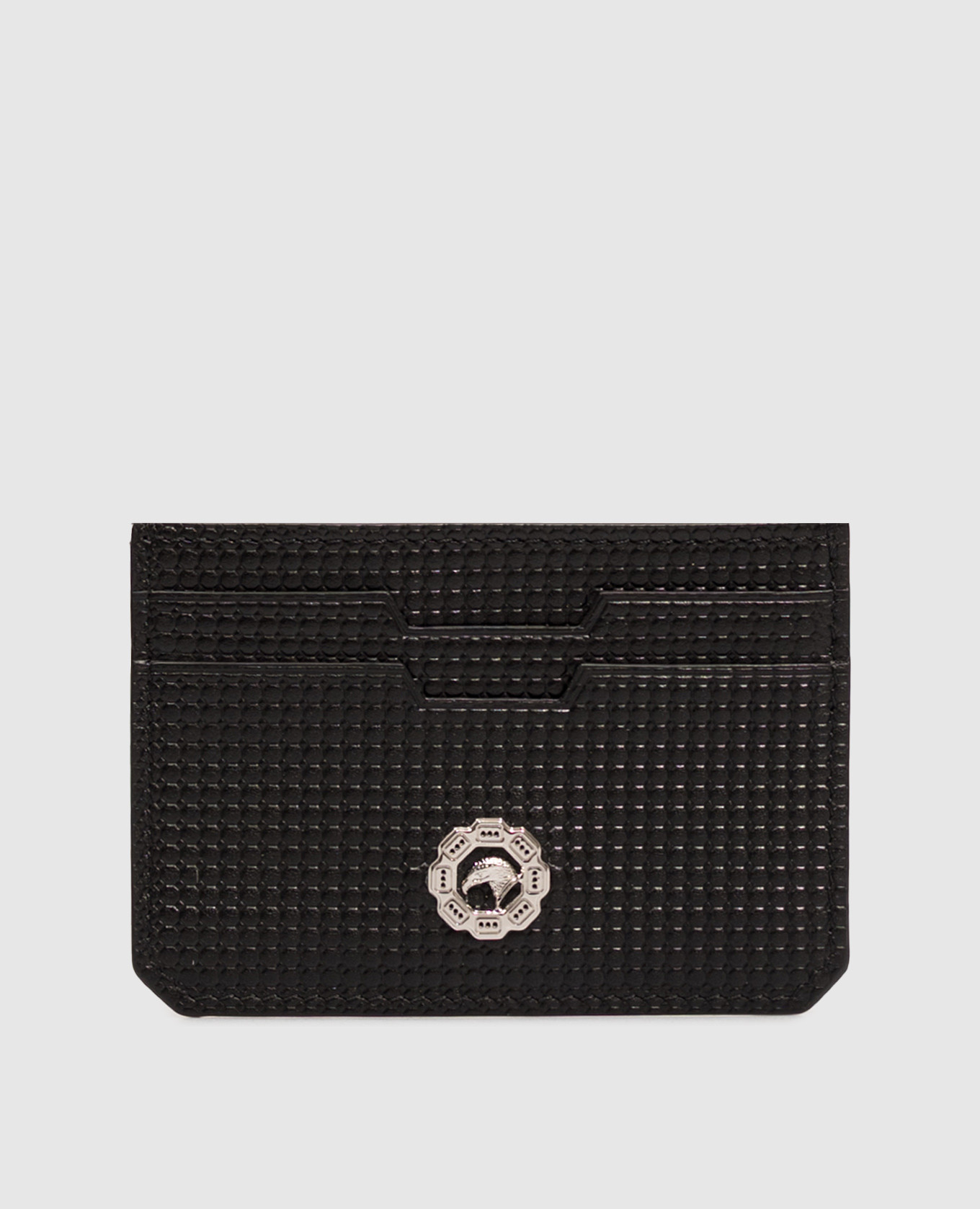 Black leather cardholder with emblem