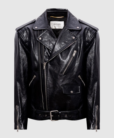 Schwarze, glänzende Leder-Bikerjacke