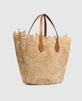 Ermanno Scervino Life Beige tote bag with floral pattern and raffia D484S500ZQP