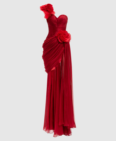 Red bustier dress with floral applique