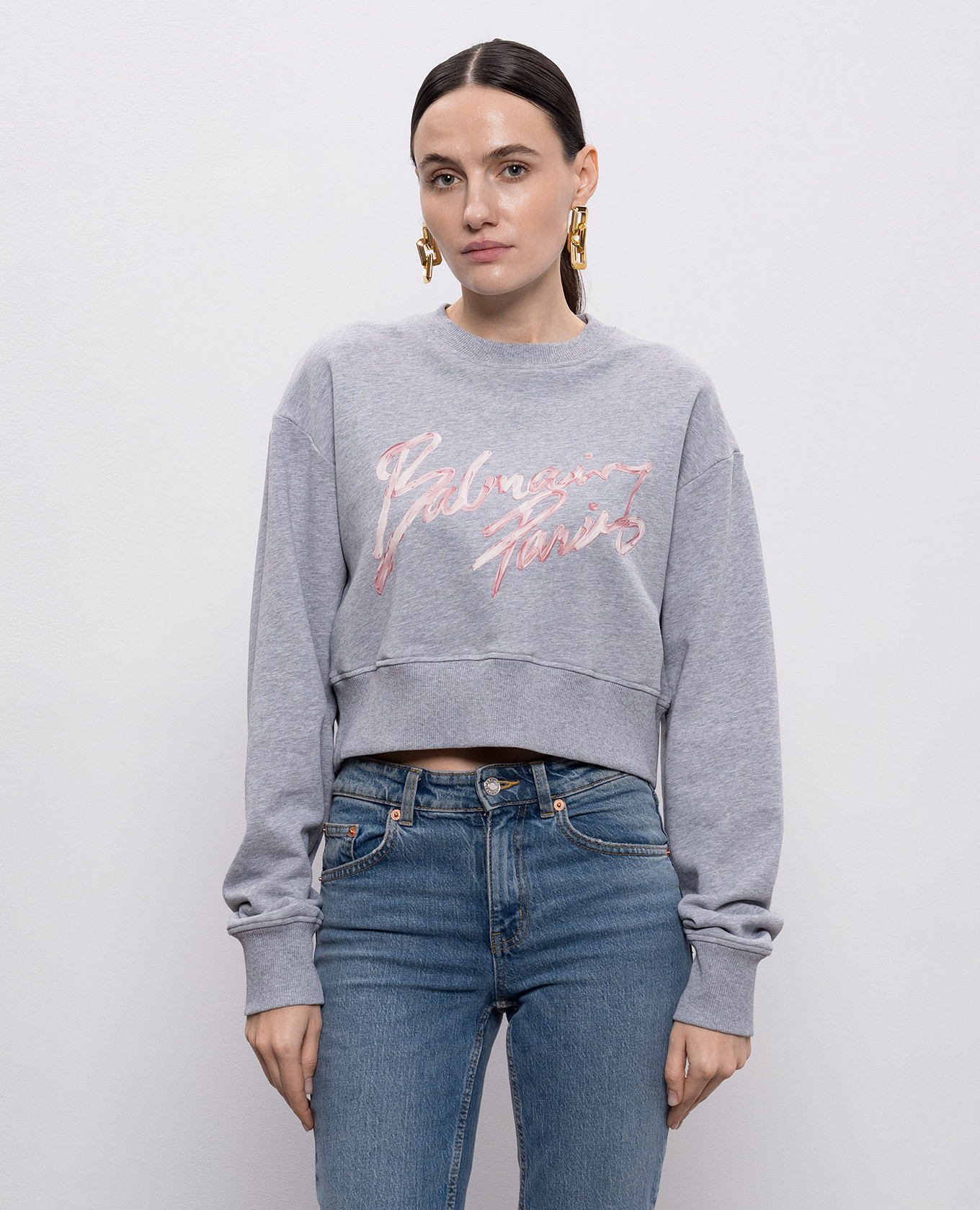 

Grey cropped sweatshirt with logo Balmain, Black