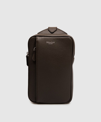 Brown leather sling bag with logo print