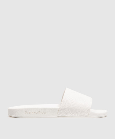 White leather flip-flops with embossed logo