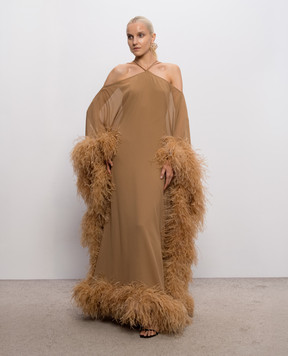 Taller Marmo Beige Sza Sza Spirito silk dress with ostrich feathers PF2623