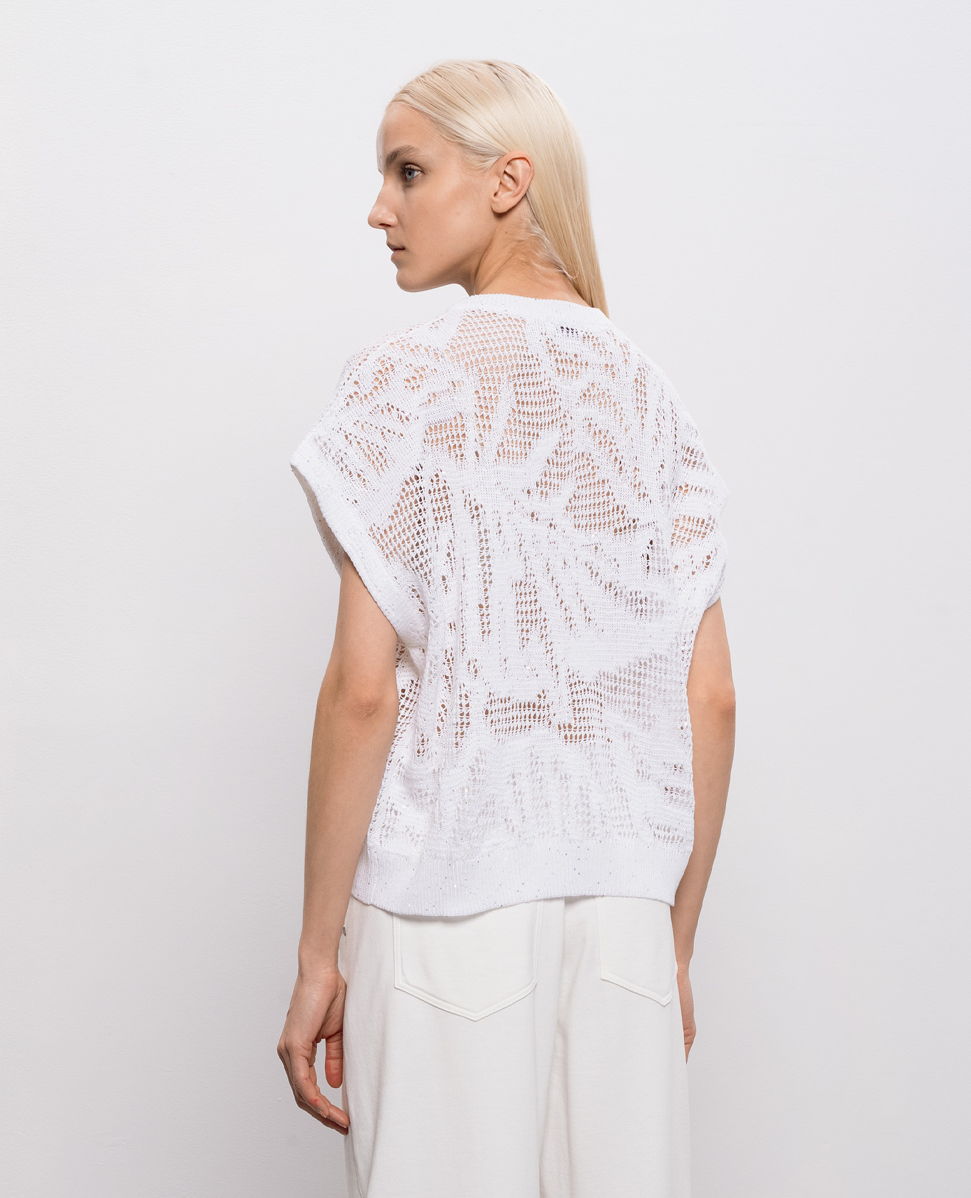 

White openwork linen vest with sequins Brunello Cucinelli