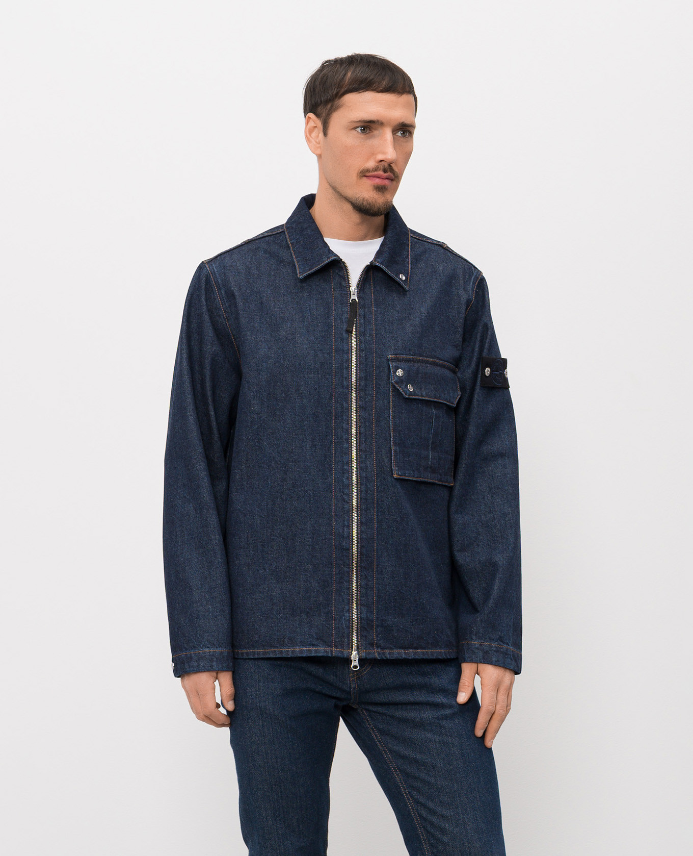 

Blue denim jacket with logo patch Stone Island