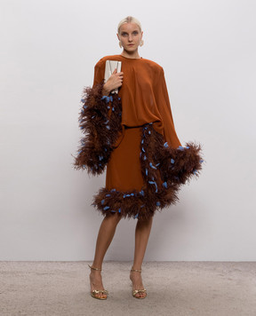 Rowen Rose Brown pleated skirt with ostrich feathers SKRRR519