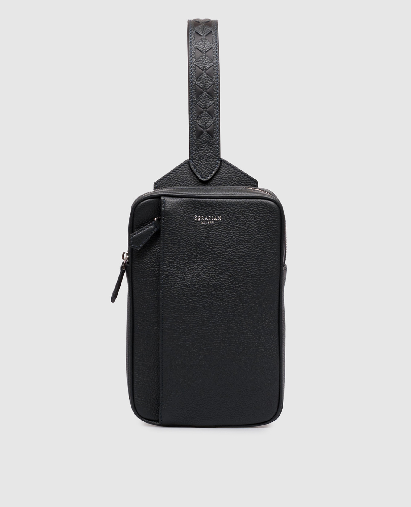 Navy blue leather sling bag with logo
